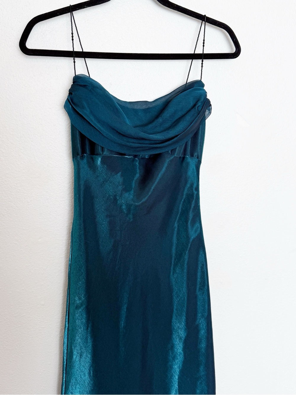 Y2K Dark Teal Satin Cowl Neck Midi Dress Beaded Strap Formal - Picture 4 of 13